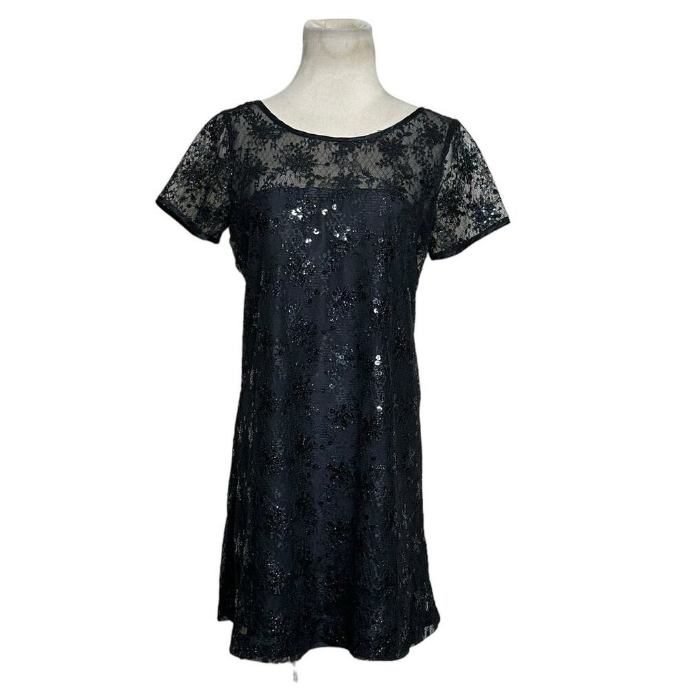 ABS Collection black lace sequin lined sheath mini cocktail dress size 2